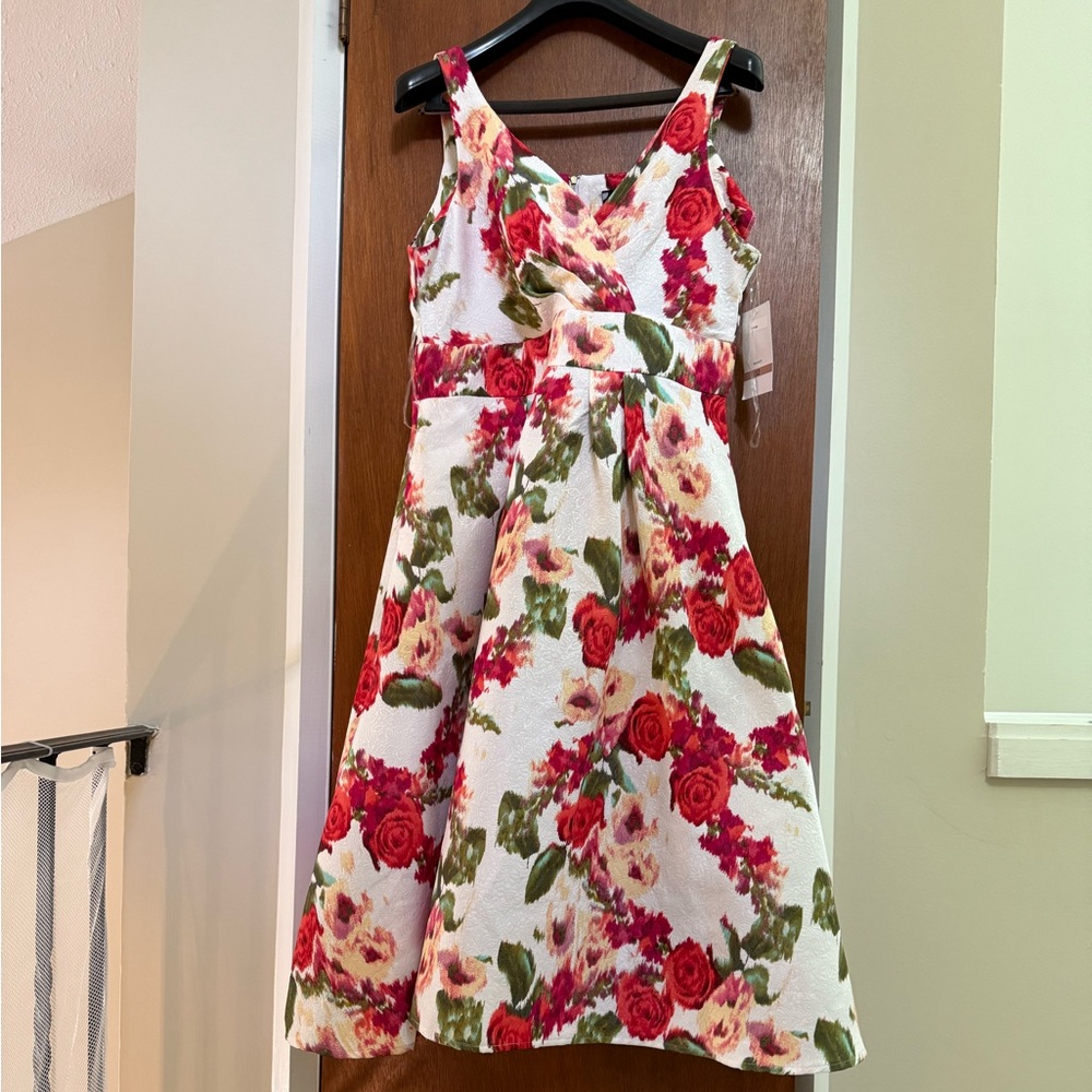 Maison Tara White Floral Fit-and-Flare Dress with Red and Green Print